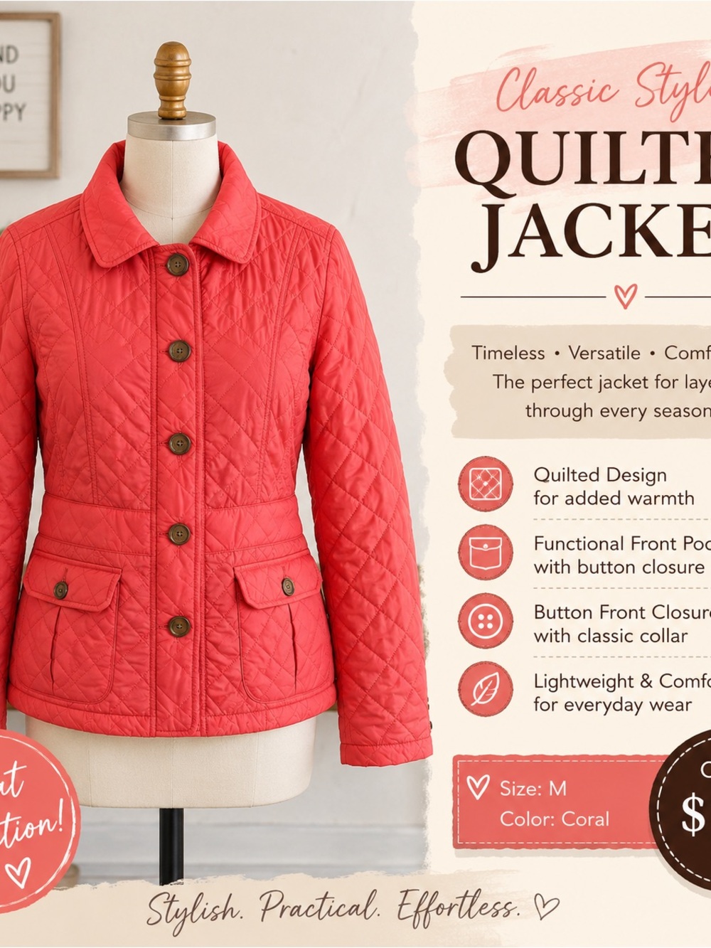 Lands' End Quilted Coral Utility Jacket